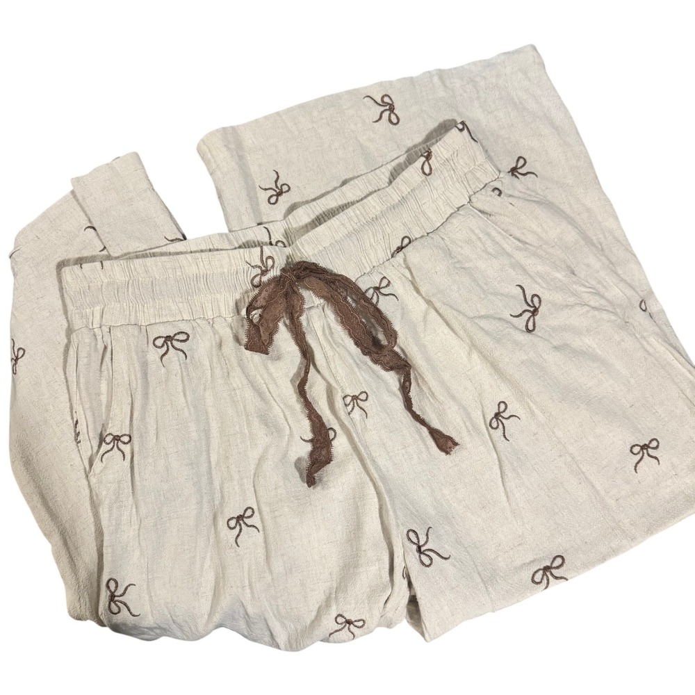 Umgee Womens 1XL Linen Blend Bow Embroidered Wide Leg Pants Coquette Feminine